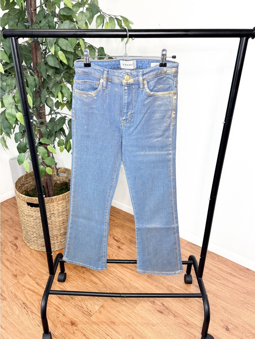FRAME Le Crop Mini Boot Jeans Women’s Size 26 Light Wash Gold Hologram Metallic - Picture 6 of 13